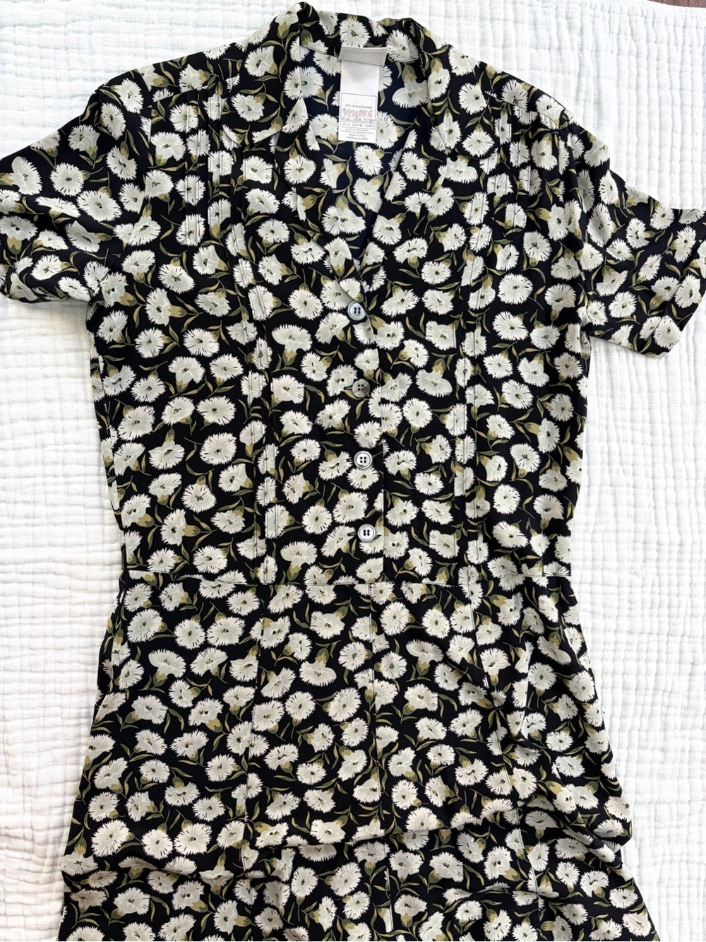 Laura Ashley Silk Floral Midi Maxi Dress Size 8 Black White Button Front